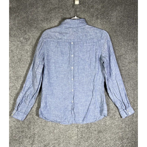 Sigrid Olsen Linen Button Up Shirt Womens Size Medium Blue Roll Tab Sleeve FLAW - Picture 2 of 16